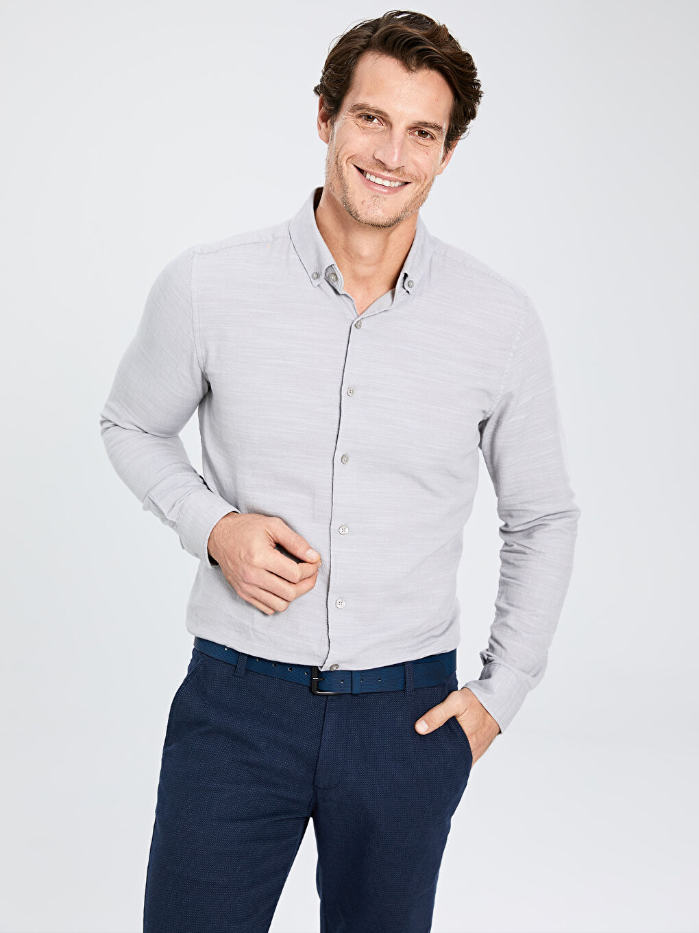 Gri Slim Fit Uzun Kollu Gabardin Erkek Gömlek