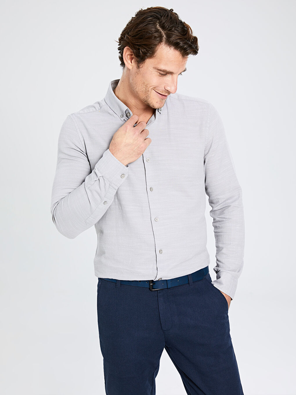 Gri Slim Fit Uzun Kollu Gabardin Erkek Gömlek-1