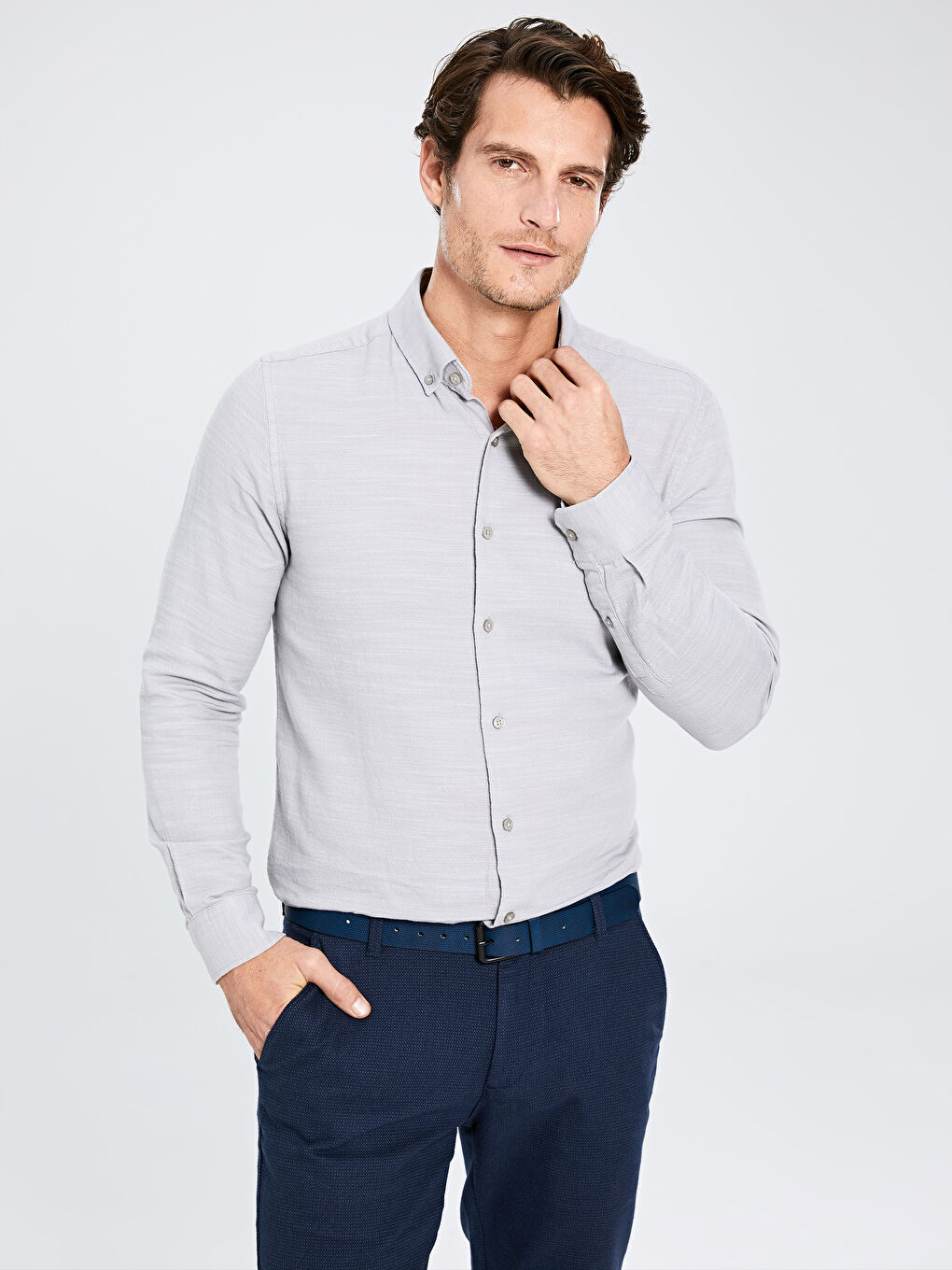 Gri Slim Fit Uzun Kollu Gabardin Erkek Gömlek-2