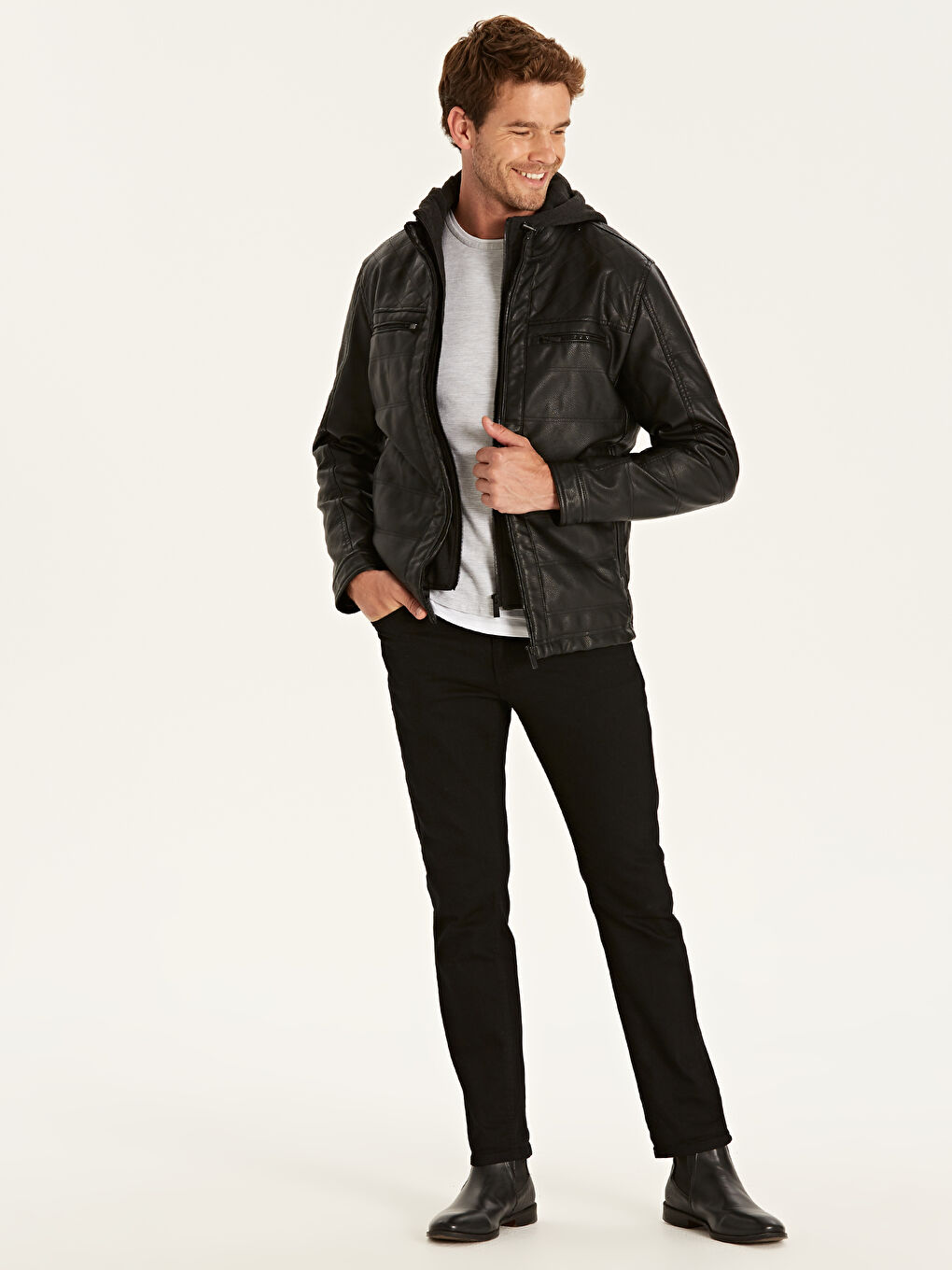 Siyah Erkek Deri Görünümlü Mont-3