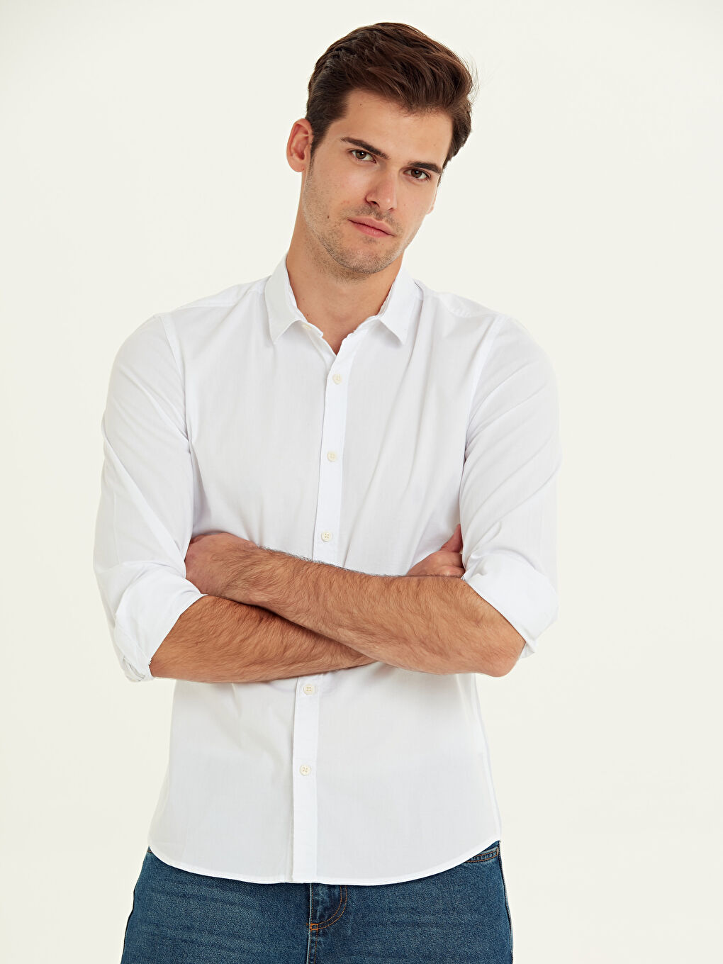 Beyaz Süper Skinny Fit Erkek Gabardin Gömlek-1