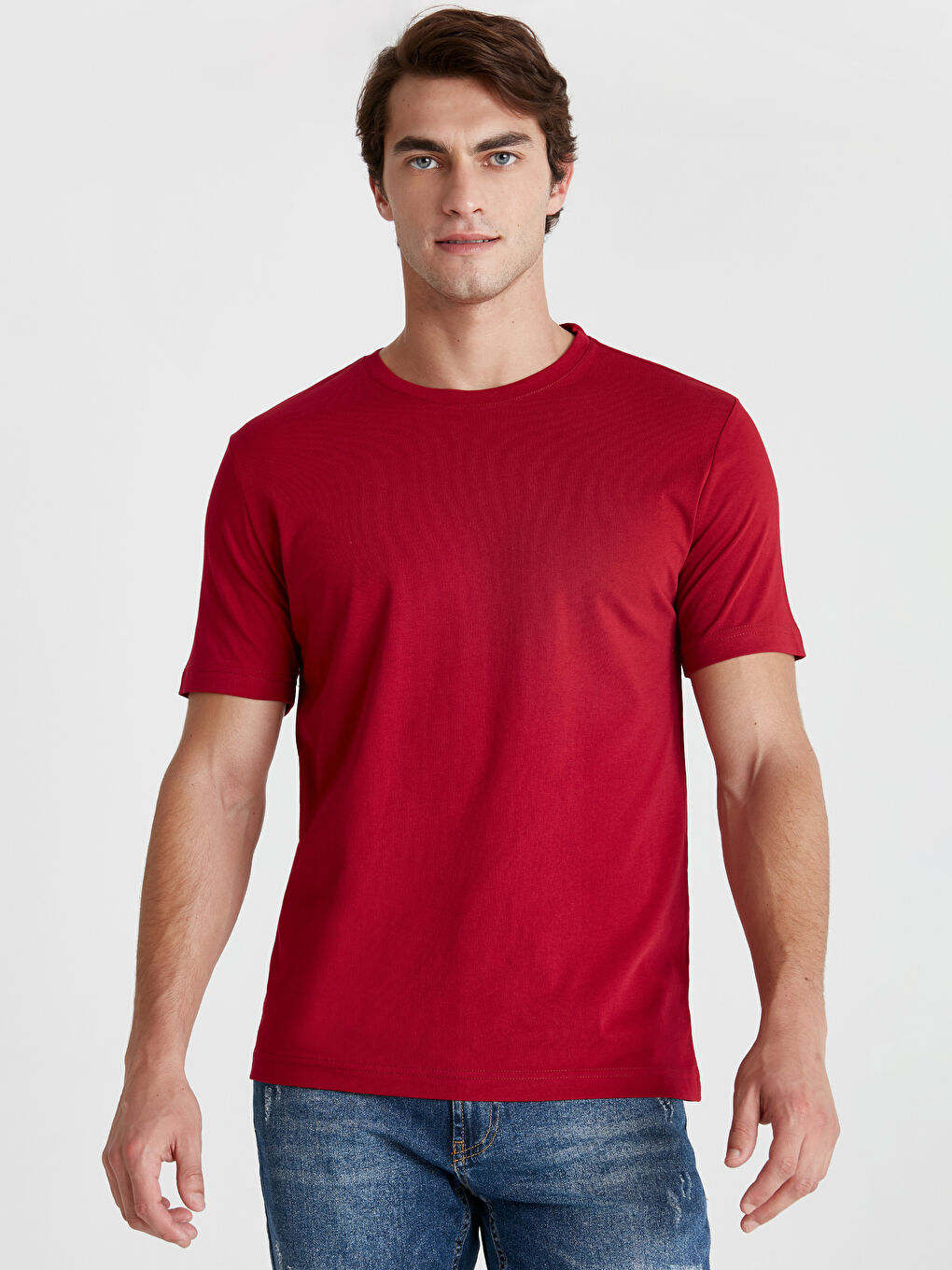 Bordo Baskılı Bisiklet Yaka Kısa Kollu Pamuklu Tişört-1