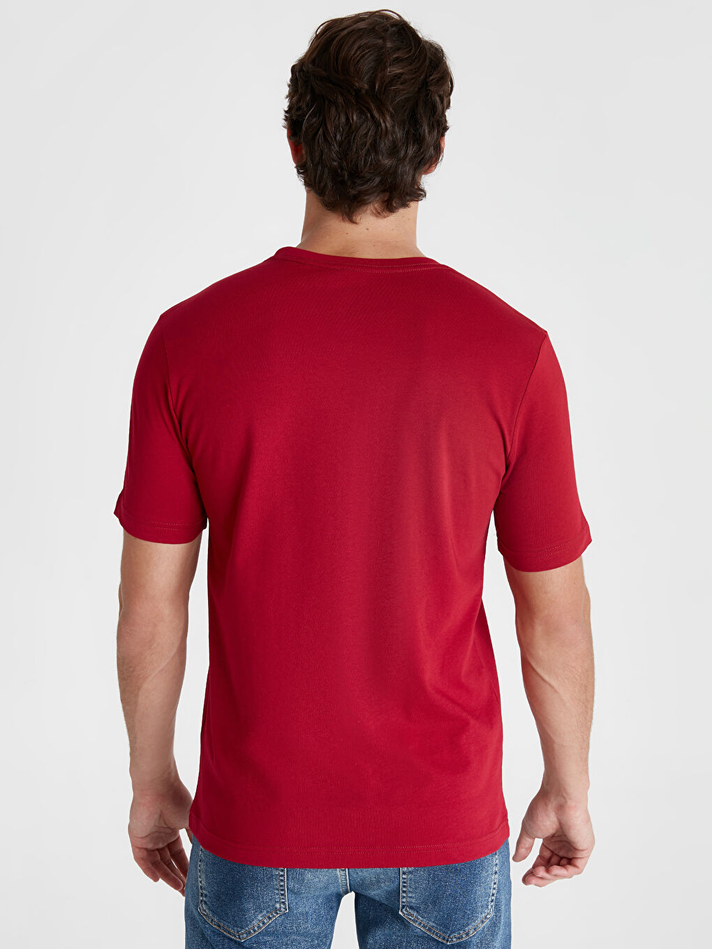 Bordo Baskılı Bisiklet Yaka Kısa Kollu Pamuklu Tişört-2