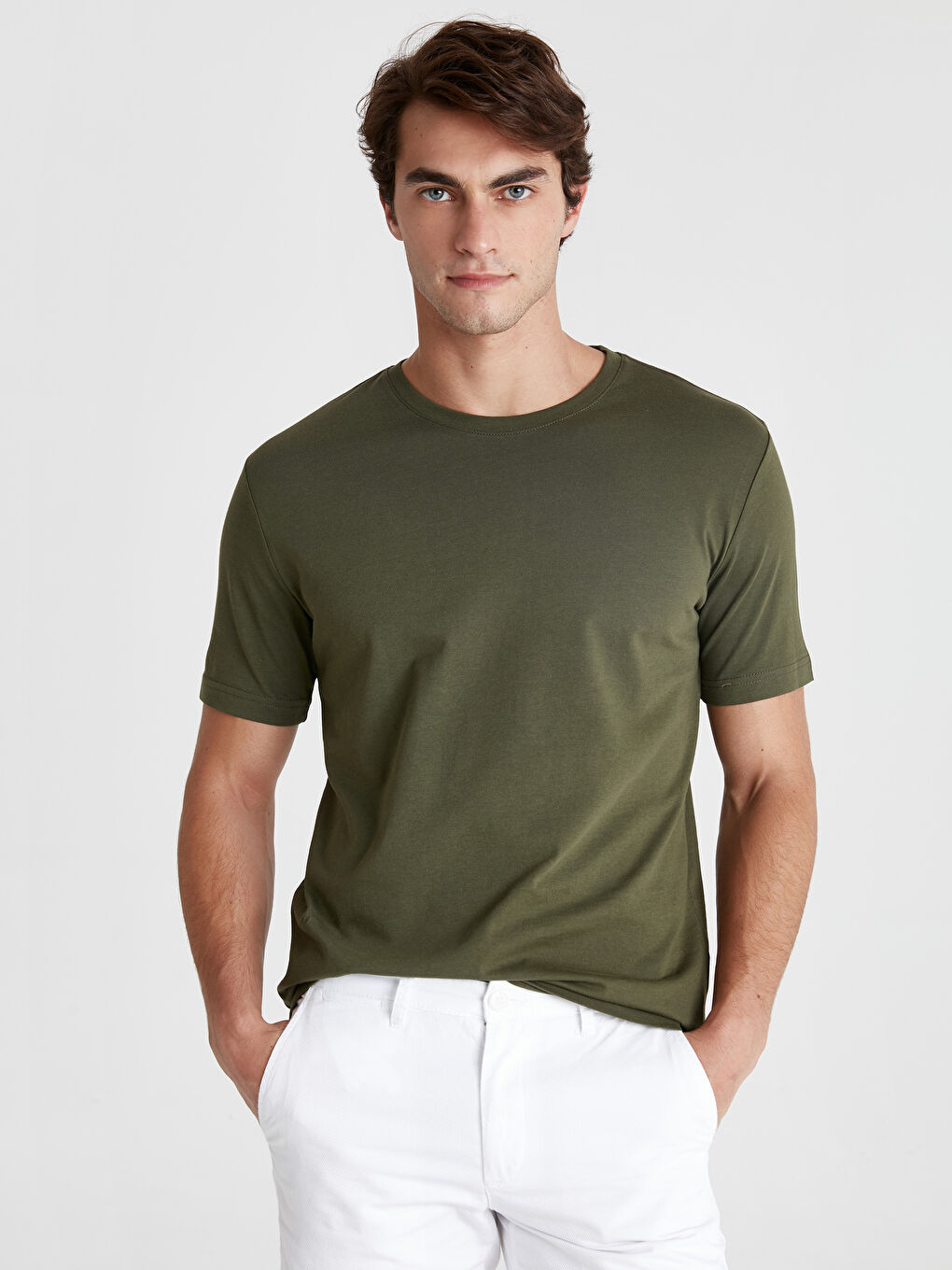 Haki Baskılı Bisiklet Yaka Kısa Kollu Pamuklu Tişört