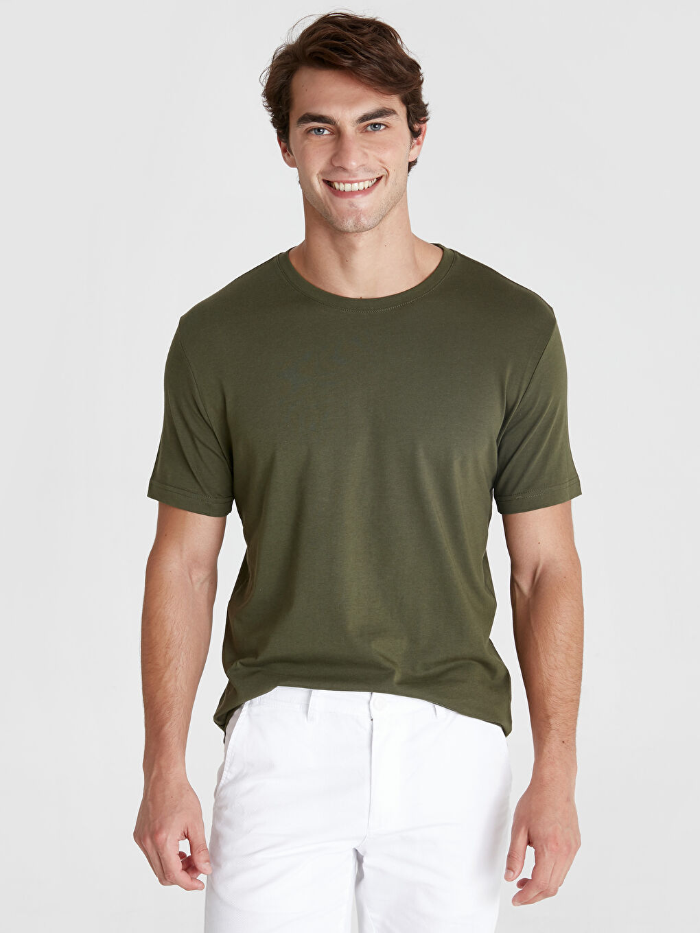 Haki Baskılı Bisiklet Yaka Kısa Kollu Pamuklu Tişört-1