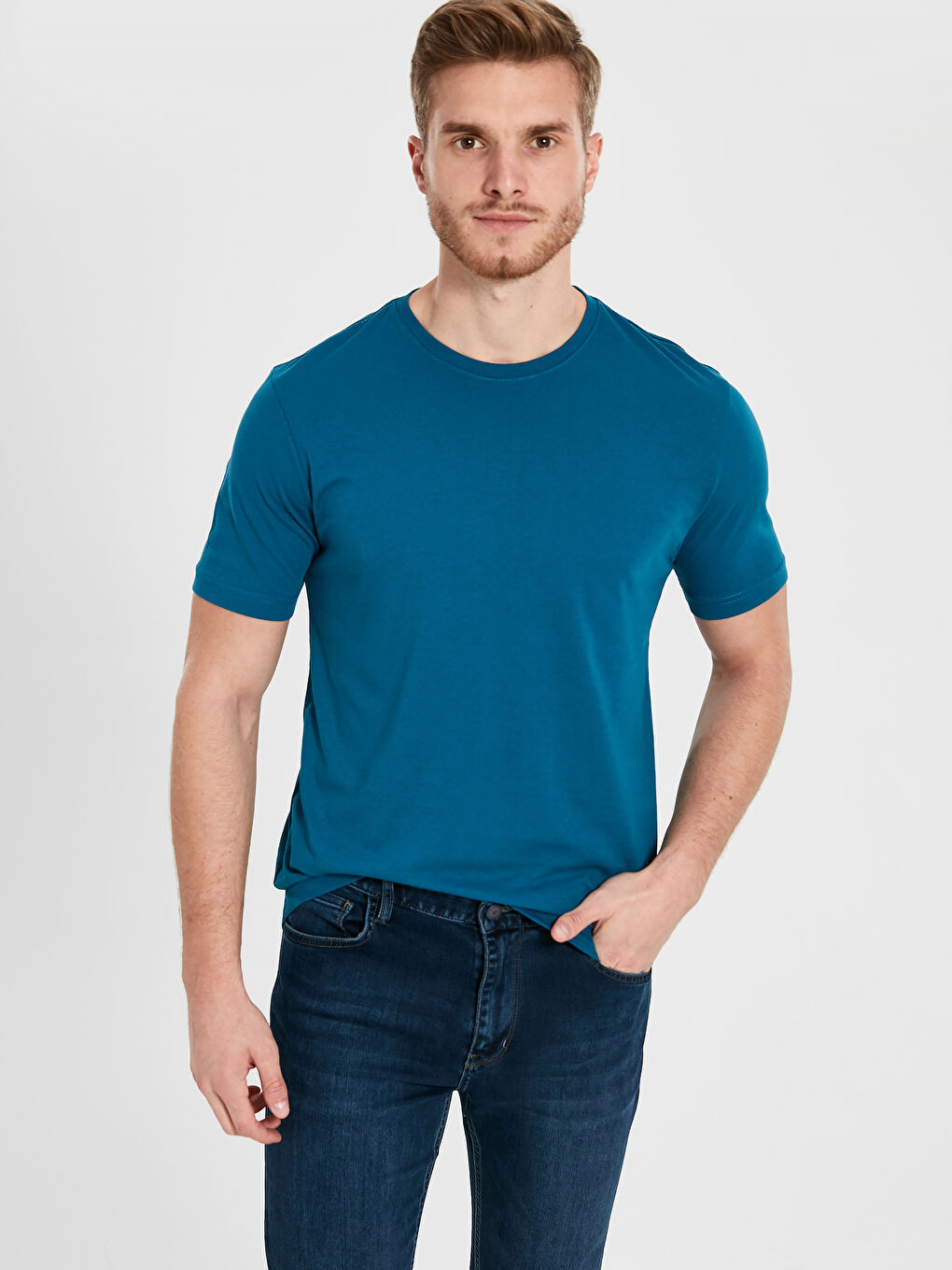 Petrol Baskılı Bisiklet Yaka Kısa Kollu Pamuklu Tişört