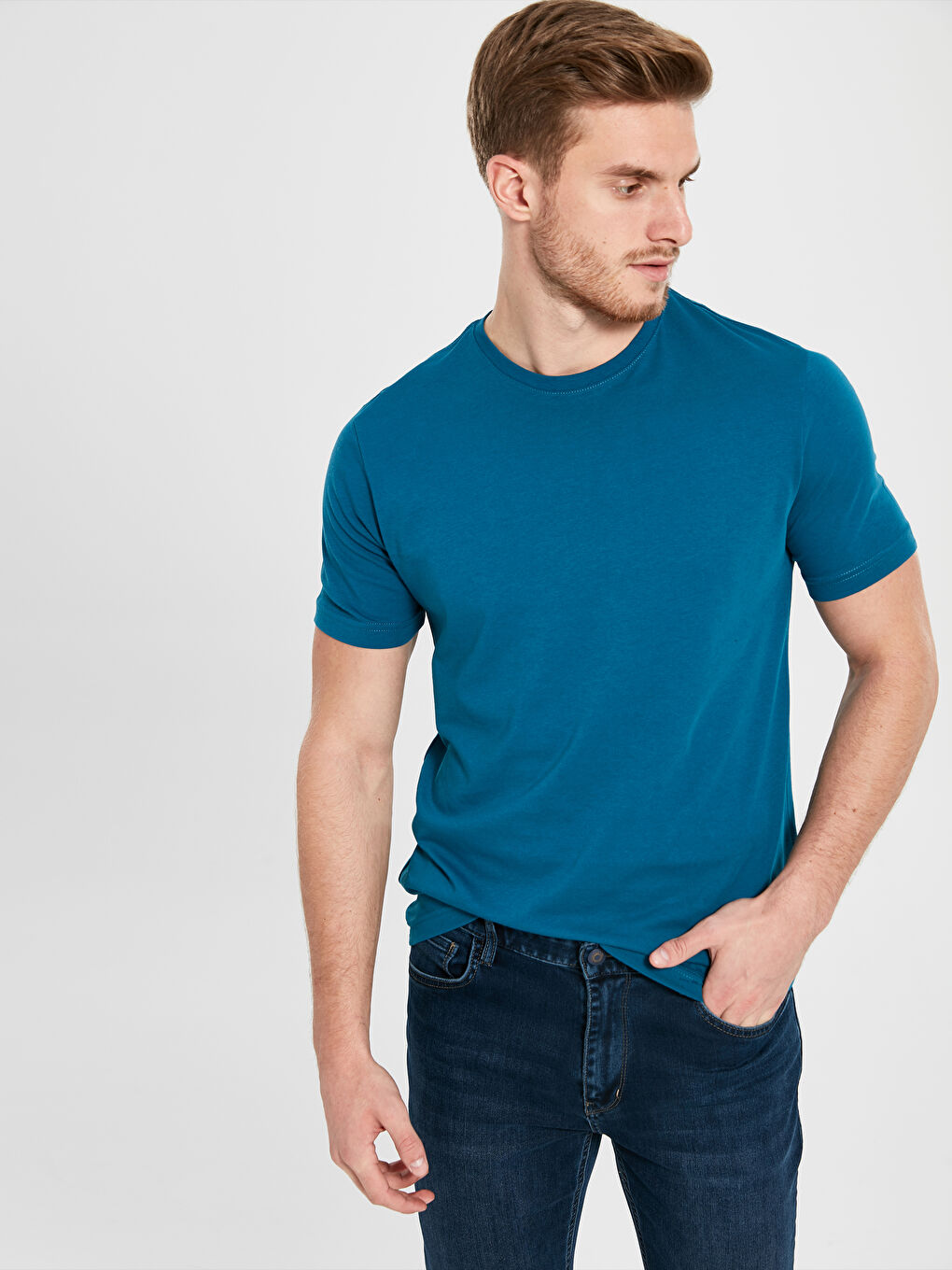 Petrol Baskılı Bisiklet Yaka Kısa Kollu Pamuklu Tişört-1