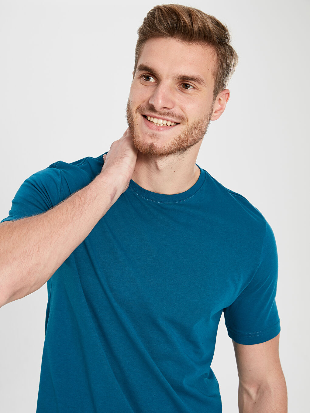 Petrol Baskılı Bisiklet Yaka Kısa Kollu Pamuklu Tişört-2