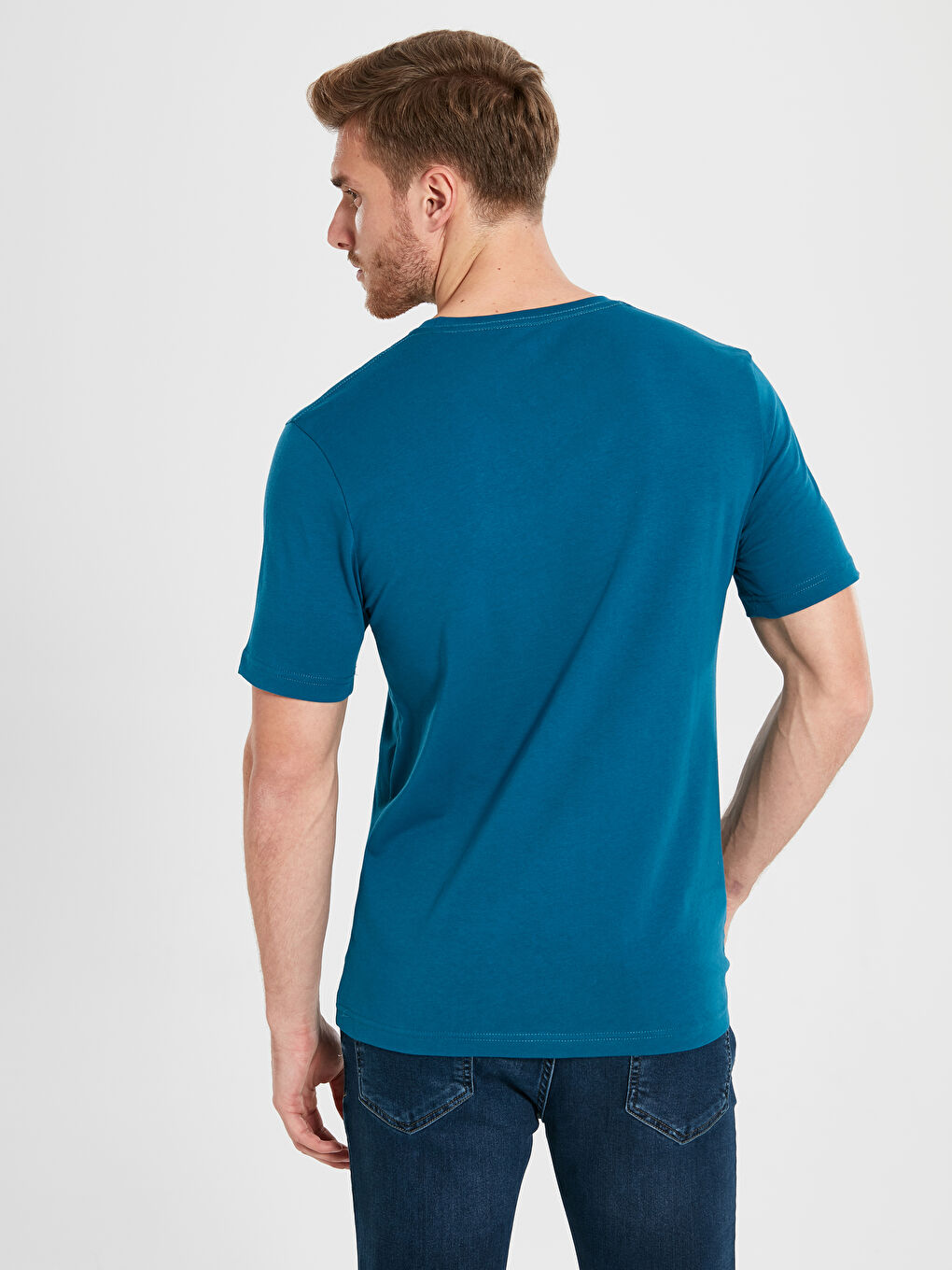 Petrol Baskılı Bisiklet Yaka Kısa Kollu Pamuklu Tişört-3