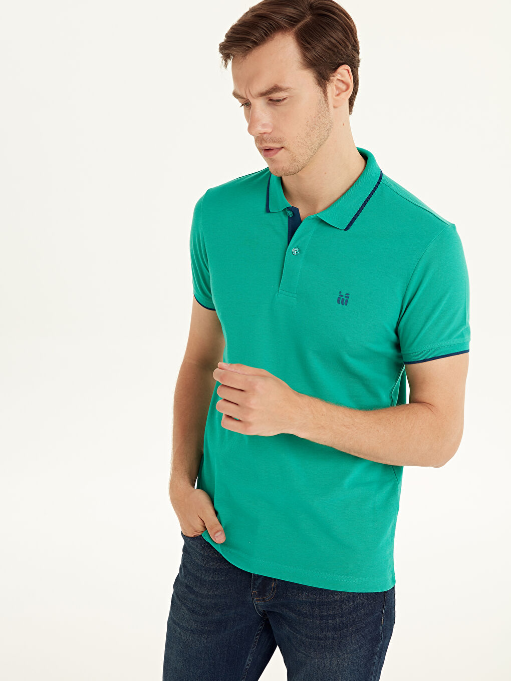 Yeşil Polo Yaka Basic Kısa Kollu Pike Tişört