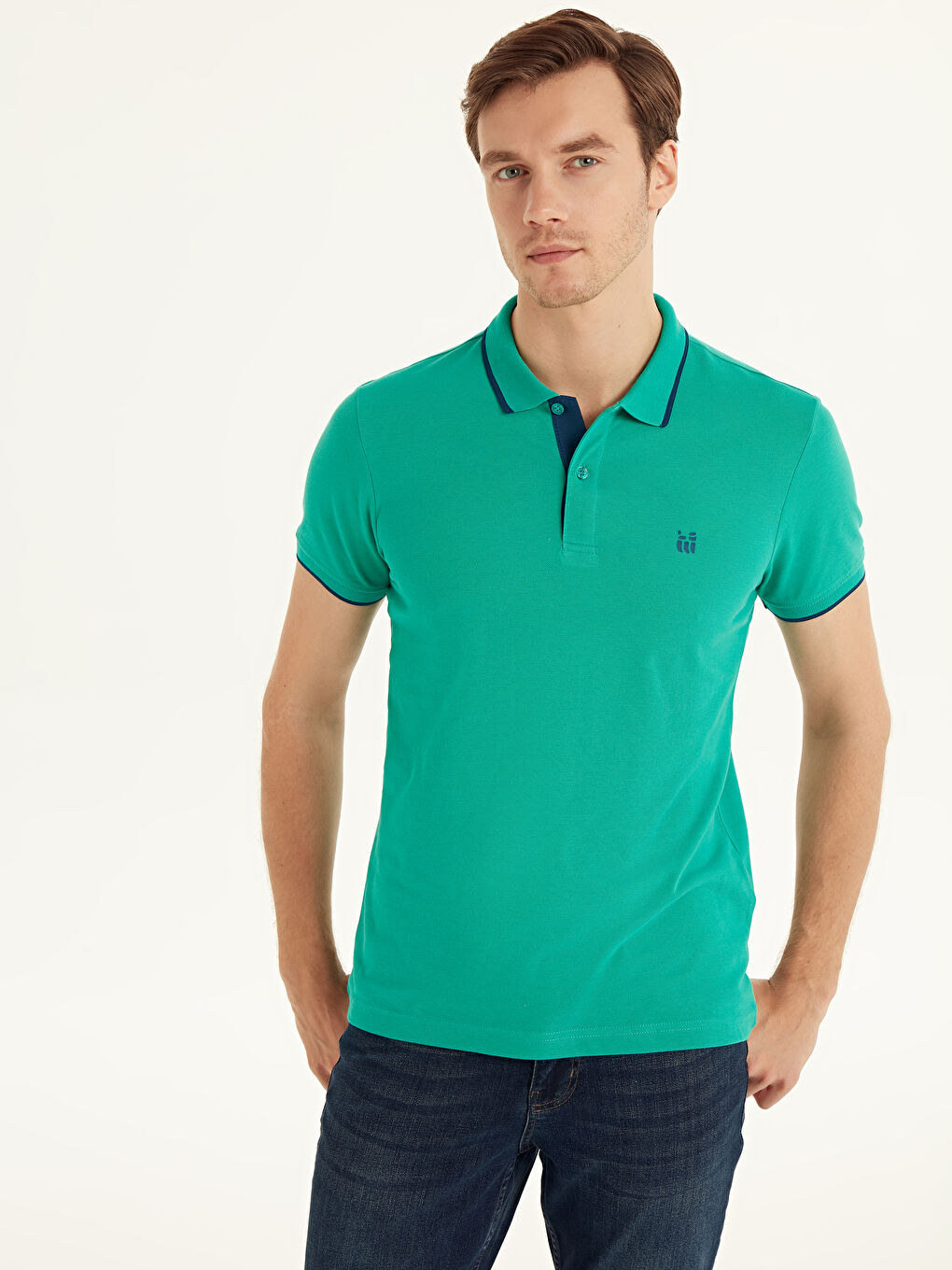 Yeşil Polo Yaka Basic Kısa Kollu Pike Tişört-1