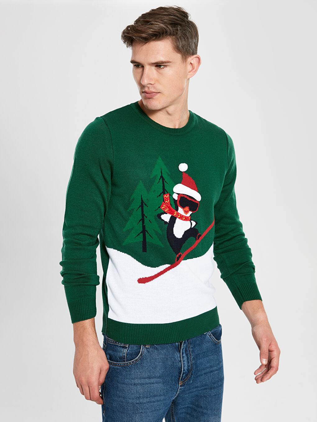 Yeşil Slim Fit Yılbaşı Temalı Bisiklet Yaka Desenli İnce Triko Kazak Baba Oğul Kombini-1