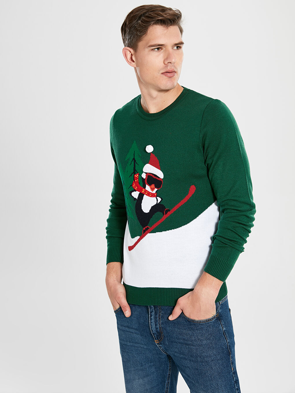 Yeşil Slim Fit Yılbaşı Temalı Bisiklet Yaka Desenli İnce Triko Kazak Baba Oğul Kombini-2