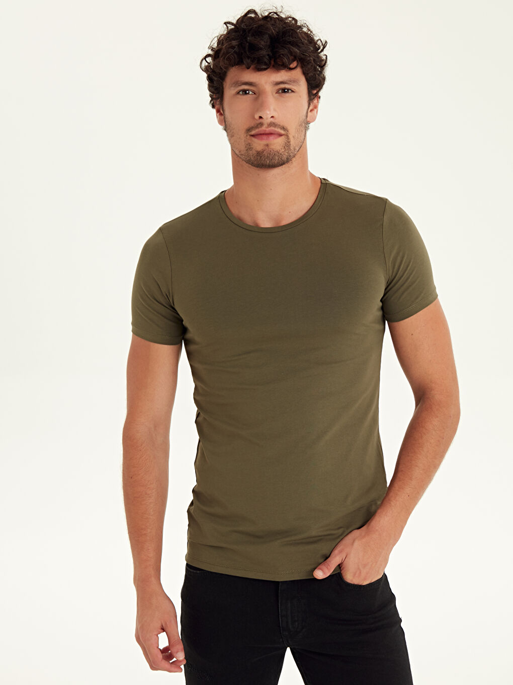 Haki Bisiklet Yaka Kısa Kollu Basic Penye Erkek Tişört-1