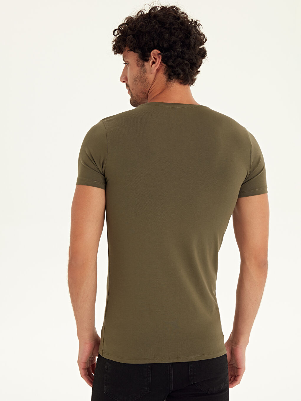 Haki Bisiklet Yaka Kısa Kollu Basic Penye Erkek Tişört-2