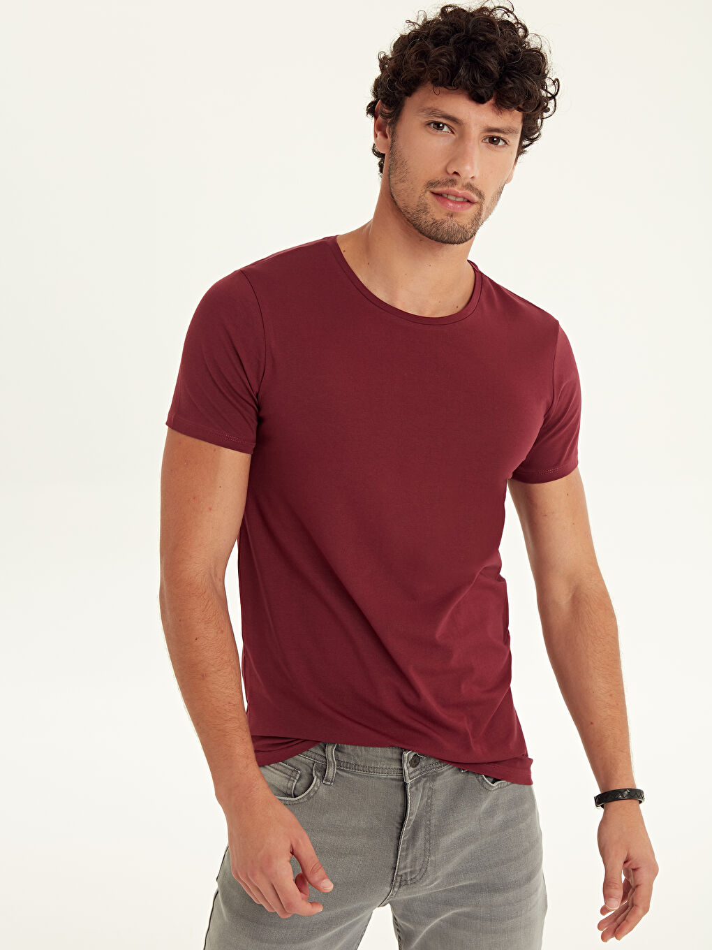 Bordo Bisiklet Yaka Kısa Kollu Basic Penye Erkek Tişört