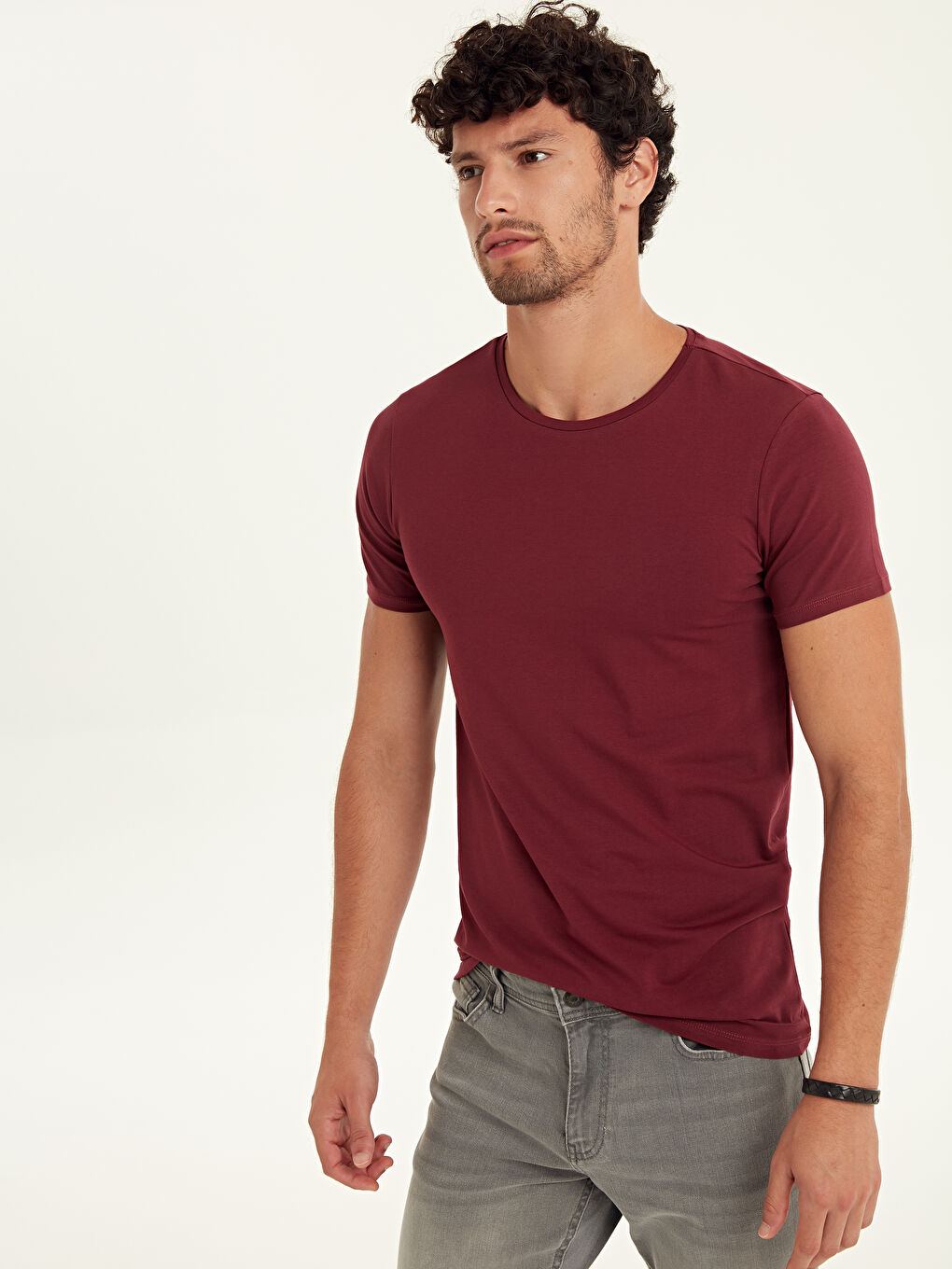 Bordo Bisiklet Yaka Kısa Kollu Basic Penye Erkek Tişört-1