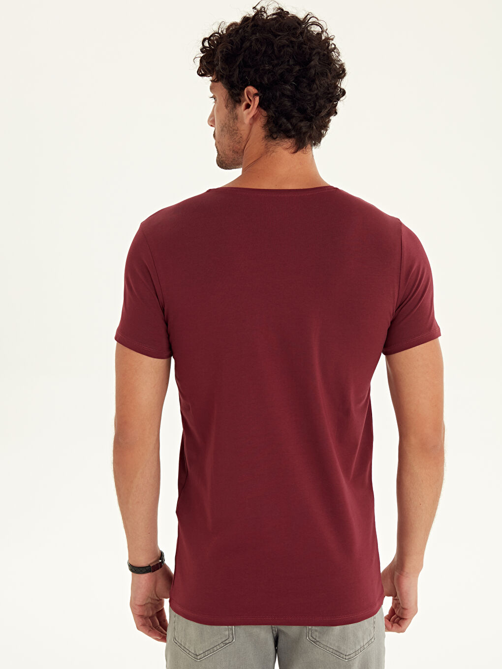 Bordo Bisiklet Yaka Kısa Kollu Basic Penye Erkek Tişört-2