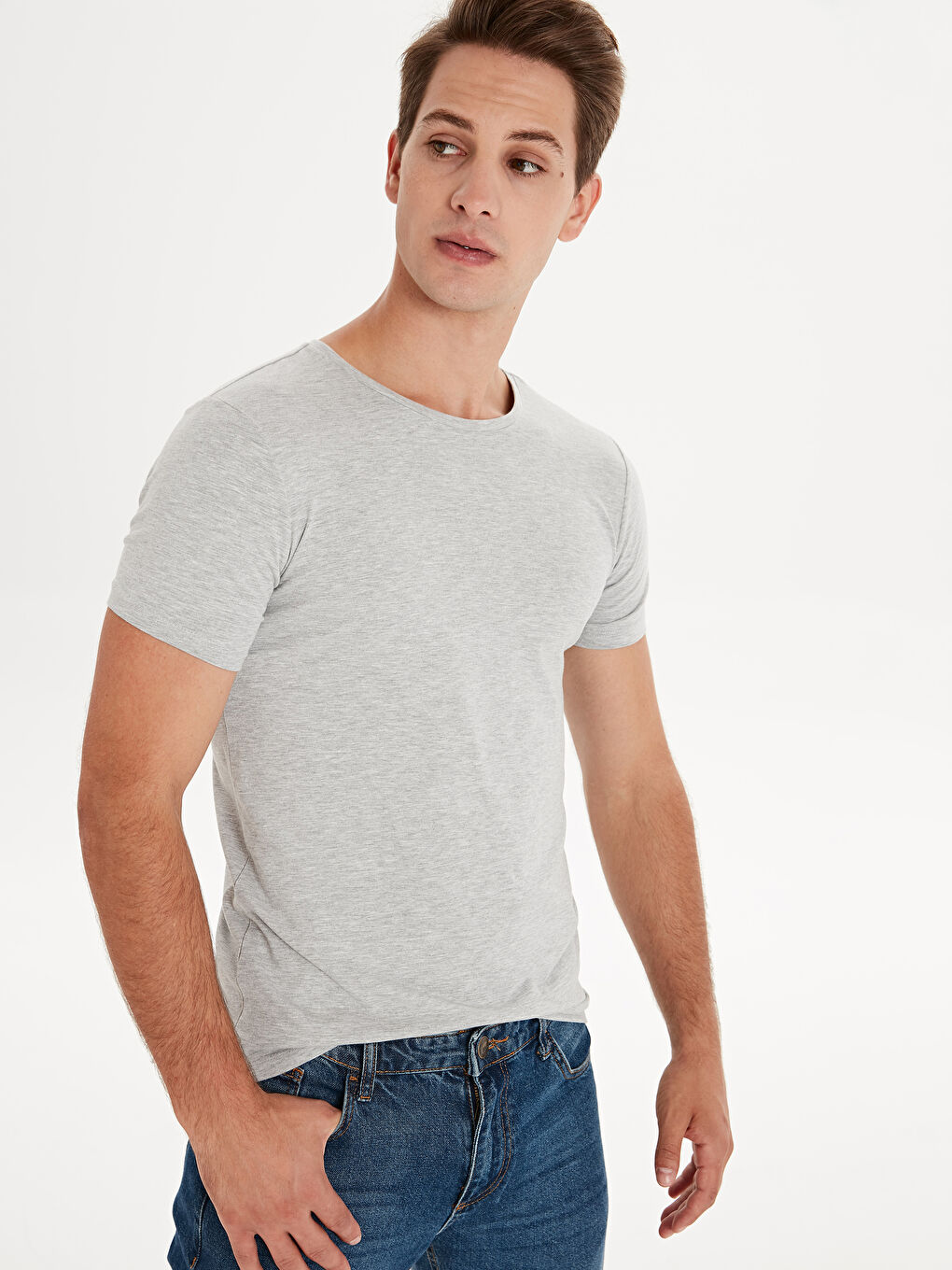 Gri Bisiklet Yaka Kısa Kollu Basic Penye Erkek Tişört