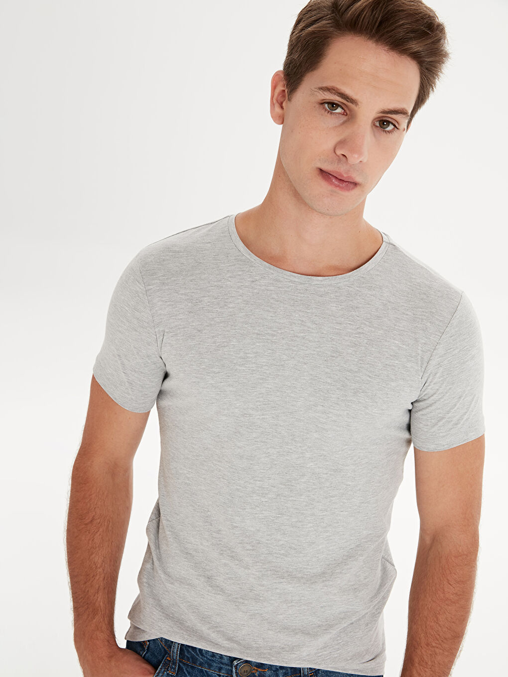 Gri Bisiklet Yaka Kısa Kollu Basic Penye Erkek Tişört-1