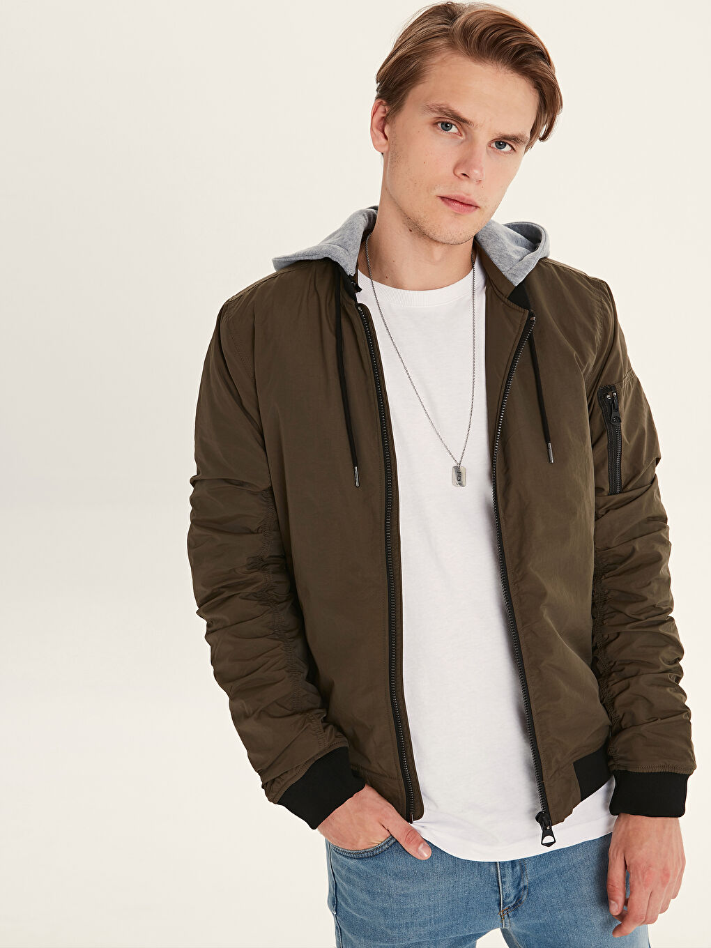 Haki Kolej Yaka Erkek Mont