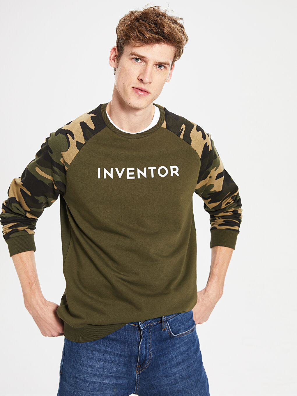 Haki Baskılı Bisiklet Yaka Kalın Sweatshirt Baba Oğul Kombini