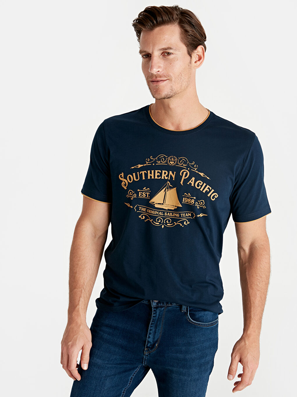 Lacivert Bisiklet Yaka Penye Erkek Tişört