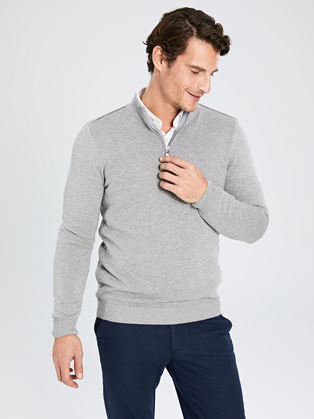 Gri Dik Yaka Erkek Triko Kazak-1