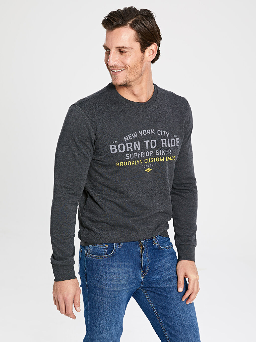 Antrasit Bisiklet Yaka Uzun Kollu Erkek Sweatshirt