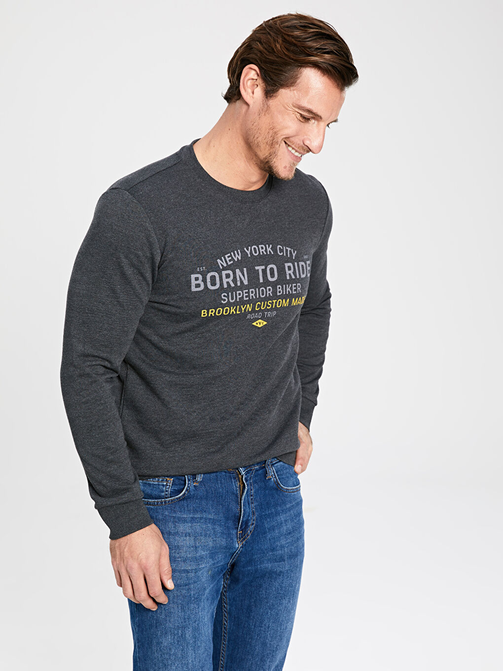 Antrasit Bisiklet Yaka Uzun Kollu Erkek Sweatshirt-1