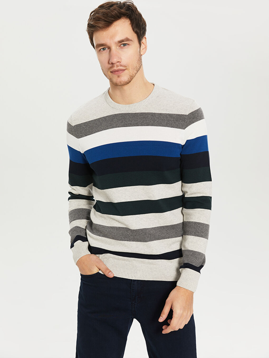 Yeşil Bisiklet Yaka Uzun Kollu Çizgili Erkek Triko Kazak