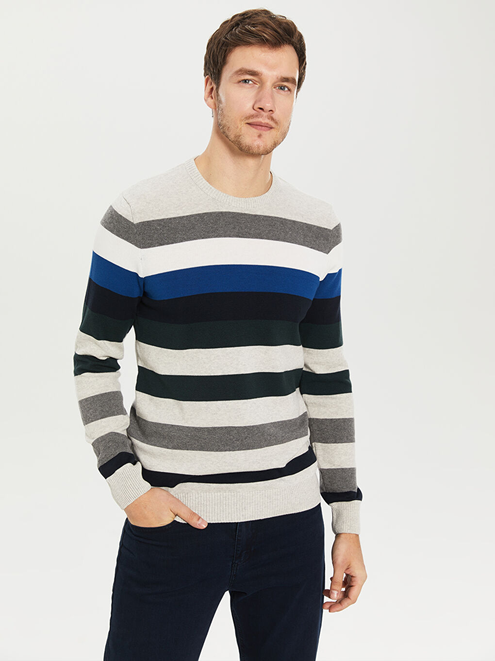 Yeşil Bisiklet Yaka Uzun Kollu Çizgili Erkek Triko Kazak-2