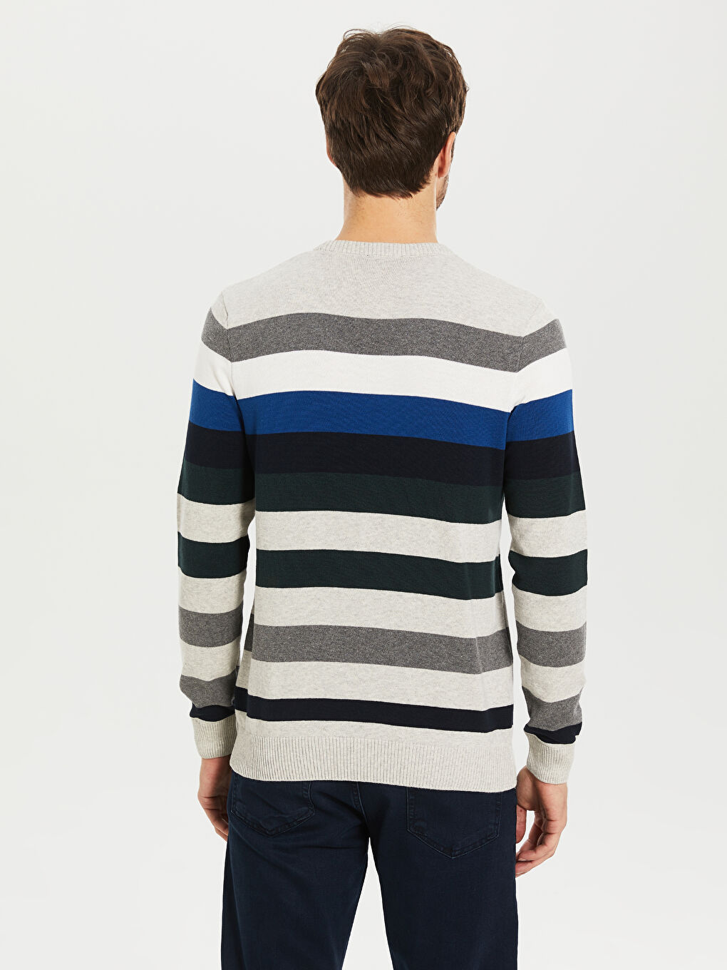 Yeşil Bisiklet Yaka Uzun Kollu Çizgili Erkek Triko Kazak-3