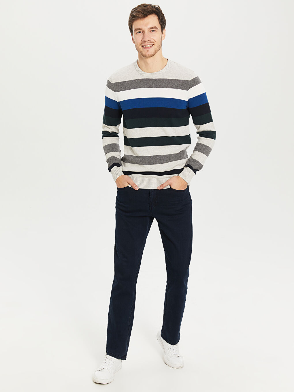 Yeşil Bisiklet Yaka Uzun Kollu Çizgili Erkek Triko Kazak-4