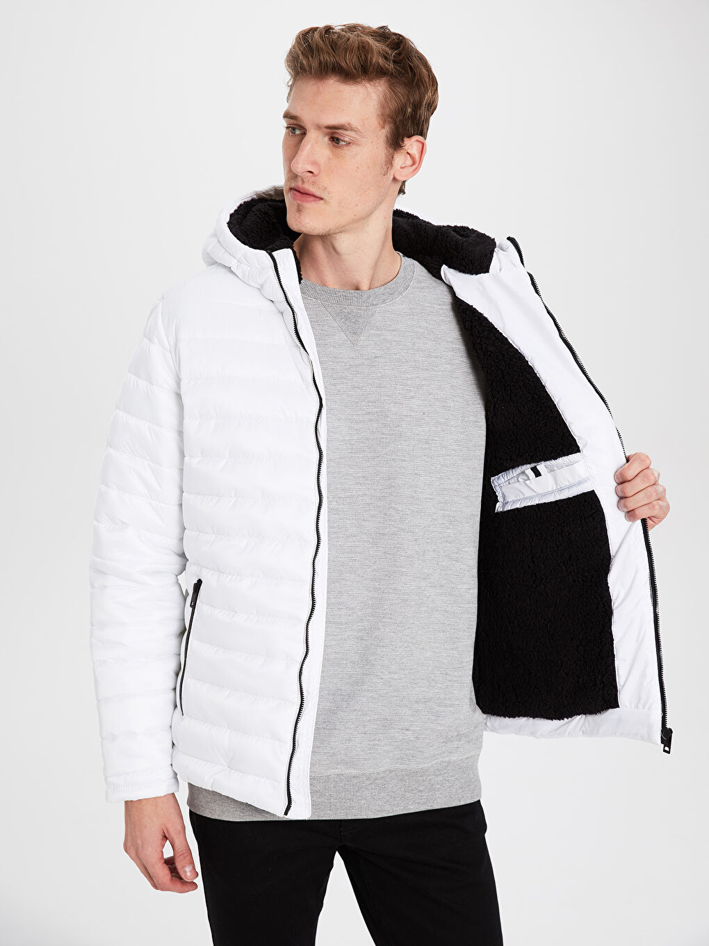 Beyaz Dik Yaka Erkek Şişme Mont-2