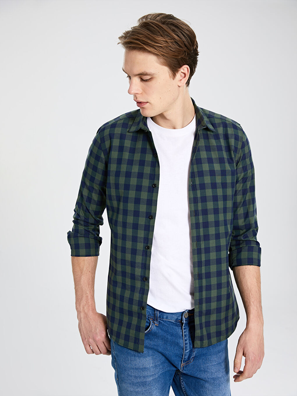 Yeşil Ekstra Slim Fit Uzun Kollu Poplin Erkek Gömlek-1