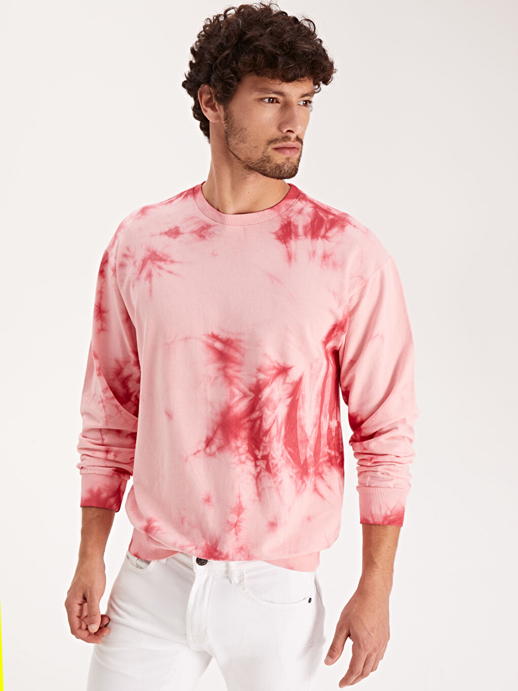 Pembe Bisiklet Yaka Desenli Sweatshirt