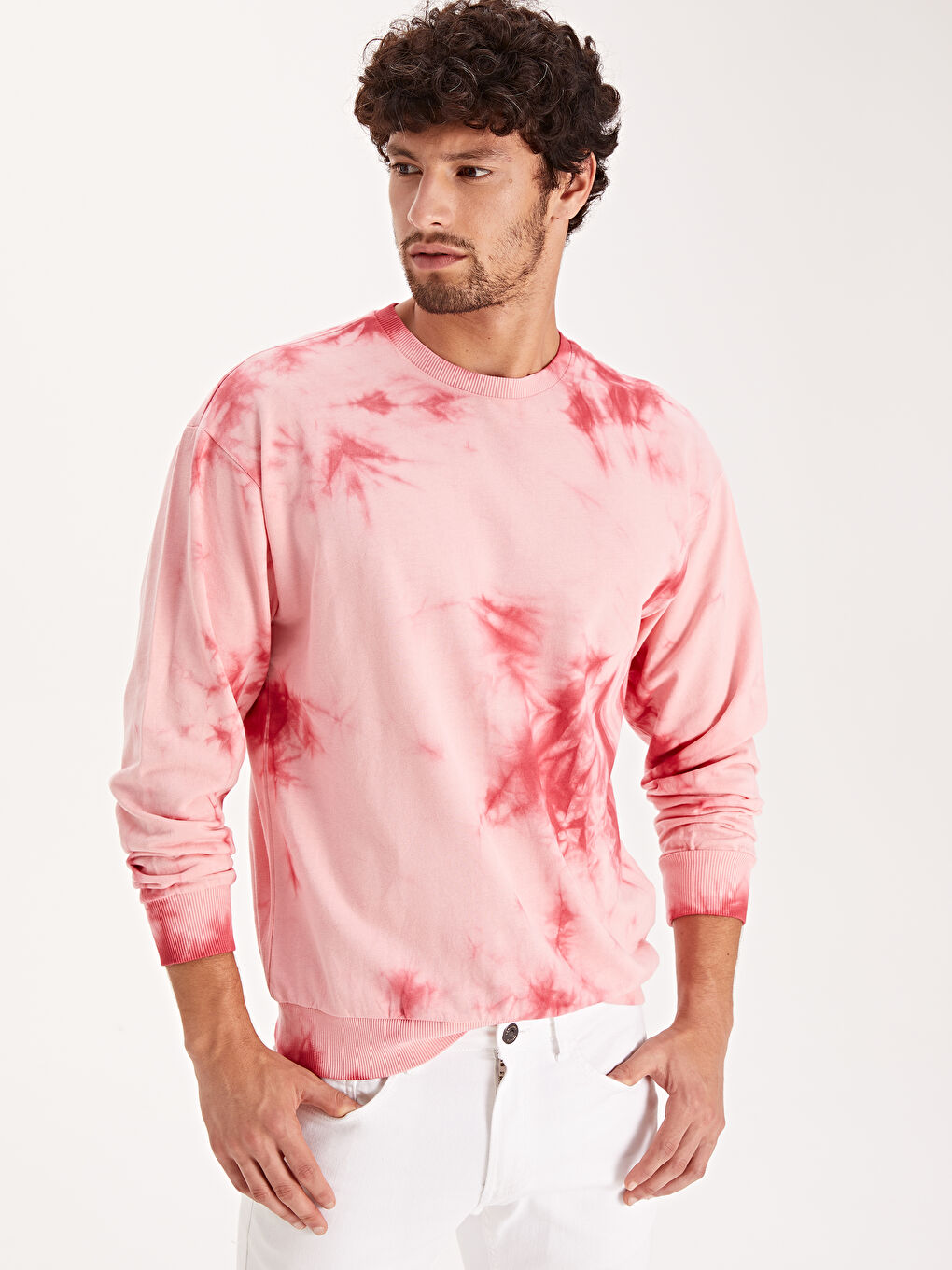 Pembe Bisiklet Yaka Desenli Sweatshirt-1