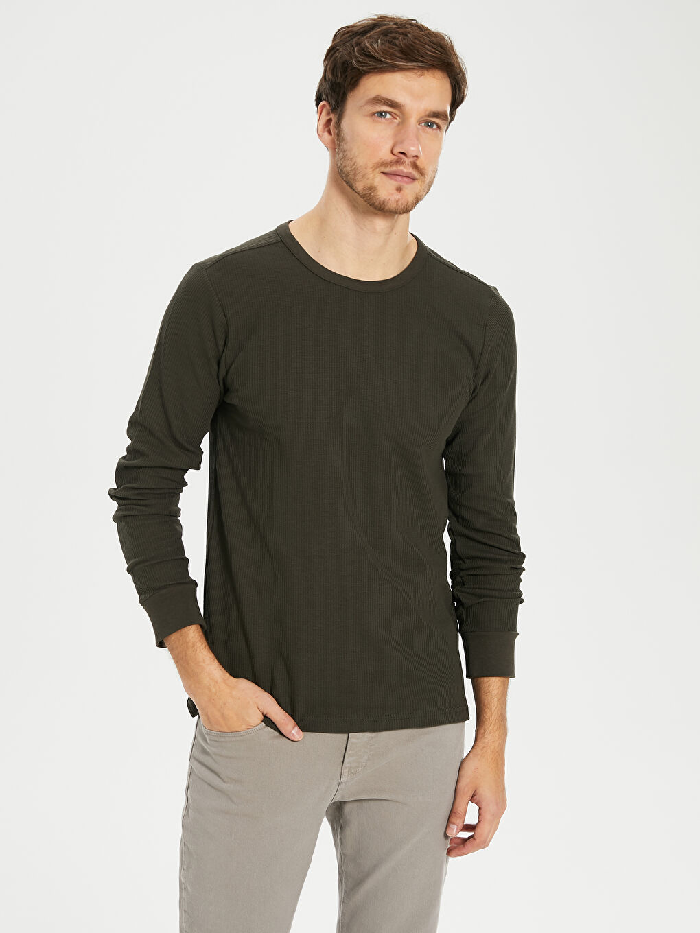 Haki Bisiklet Yaka Uzun Kollu Erkek Tişört