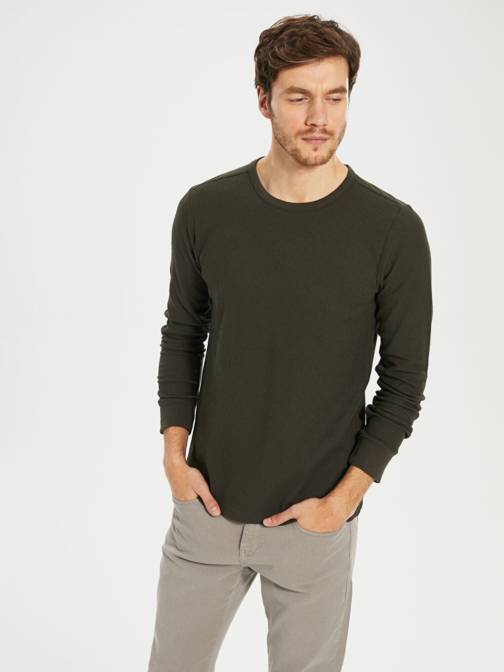 Haki Bisiklet Yaka Uzun Kollu Erkek Tişört-1