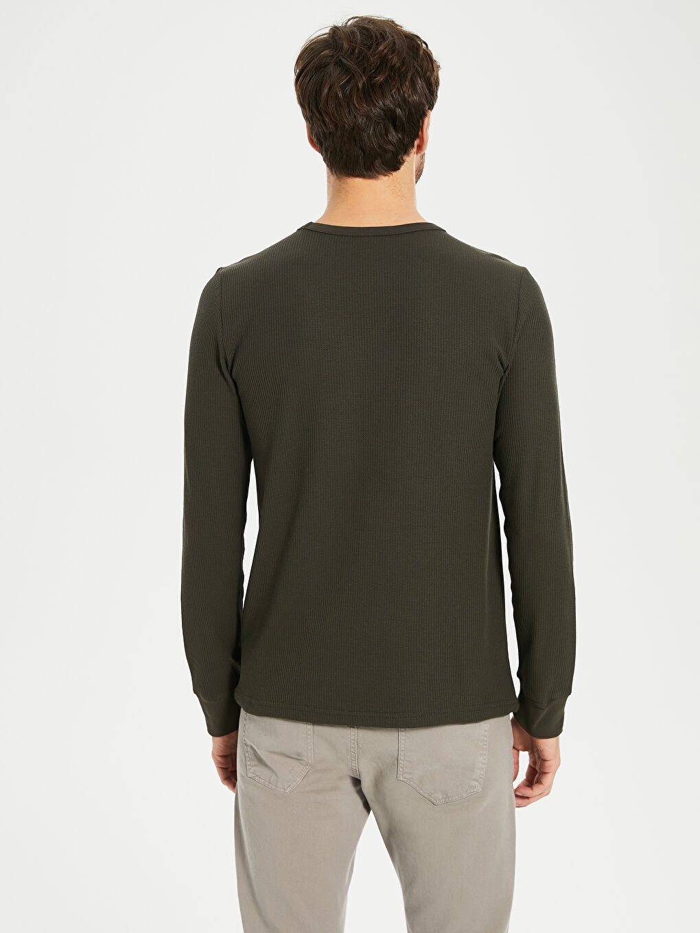 Haki Bisiklet Yaka Uzun Kollu Erkek Tişört-2