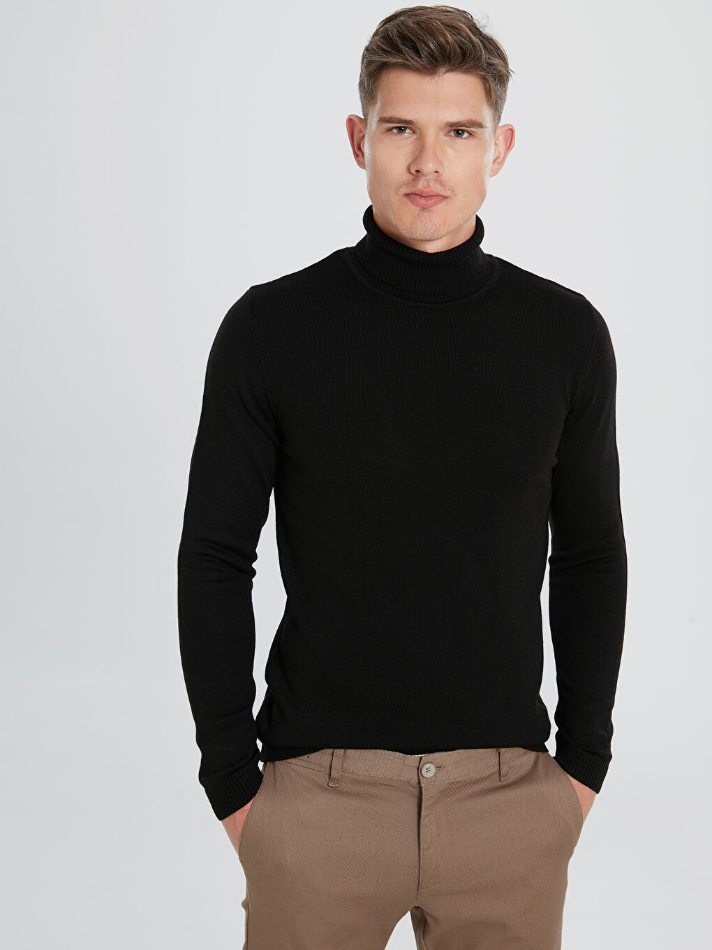 Siyah Balıkçı Yaka Uzun Kollu Erkek Triko Kazak-2