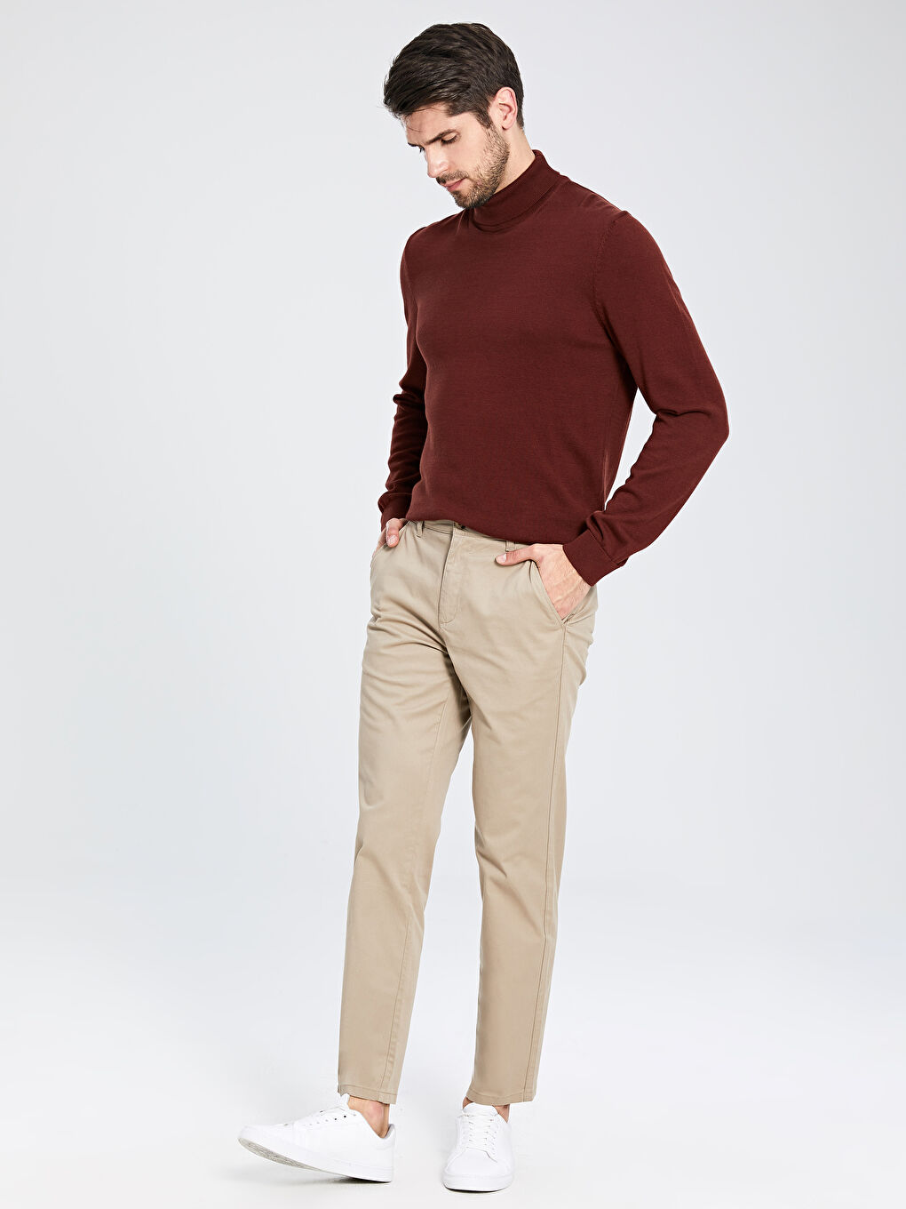 Bej Geniş Kalıp Gabardin Erkek Chino Pantolon-1