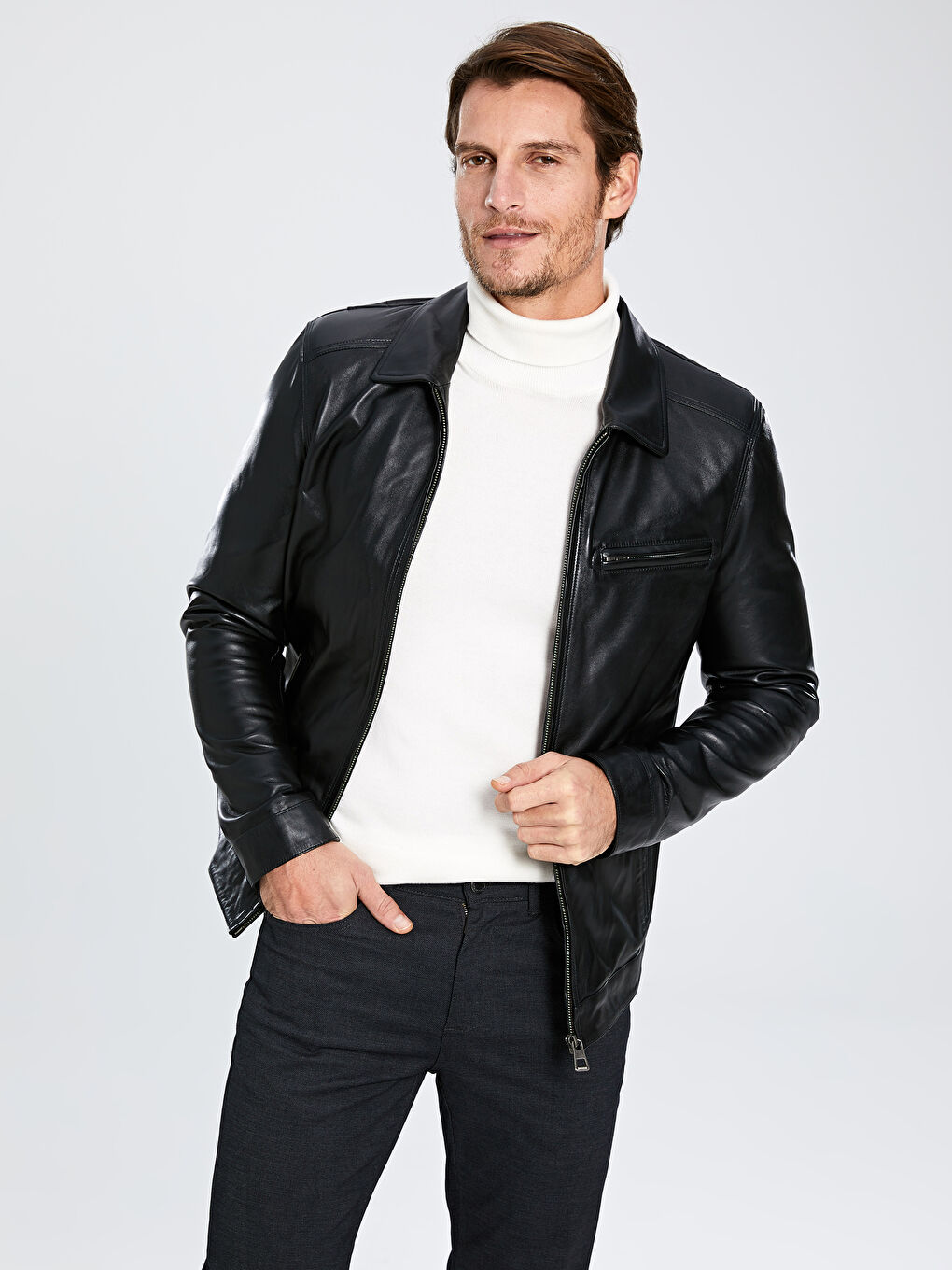 Siyah Standart Kalıp Gömlek Yaka Erkek Deri Mont-1