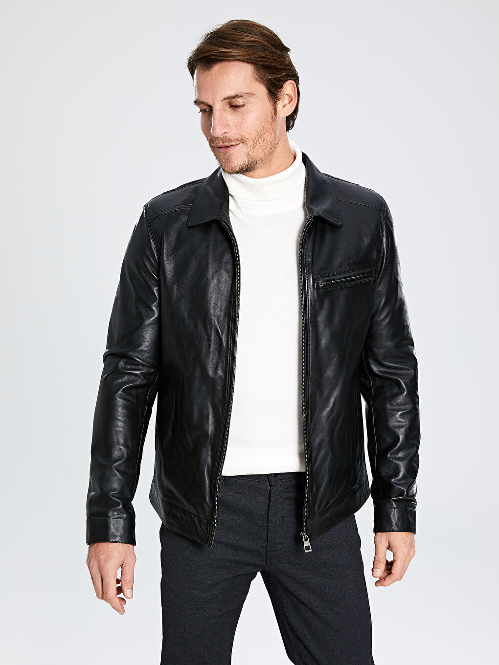 Siyah Standart Kalıp Gömlek Yaka Erkek Deri Mont-2