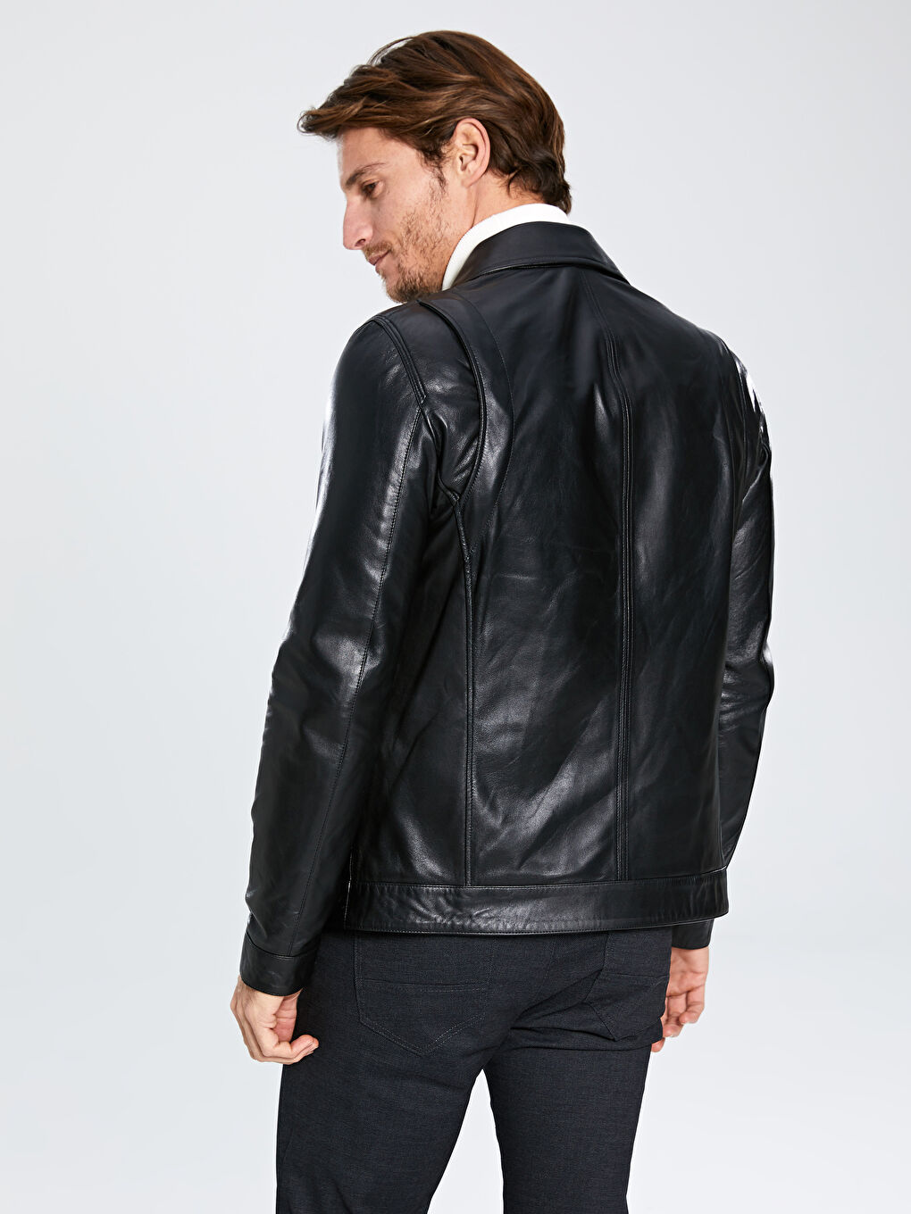 Siyah Standart Kalıp Gömlek Yaka Erkek Deri Mont-3