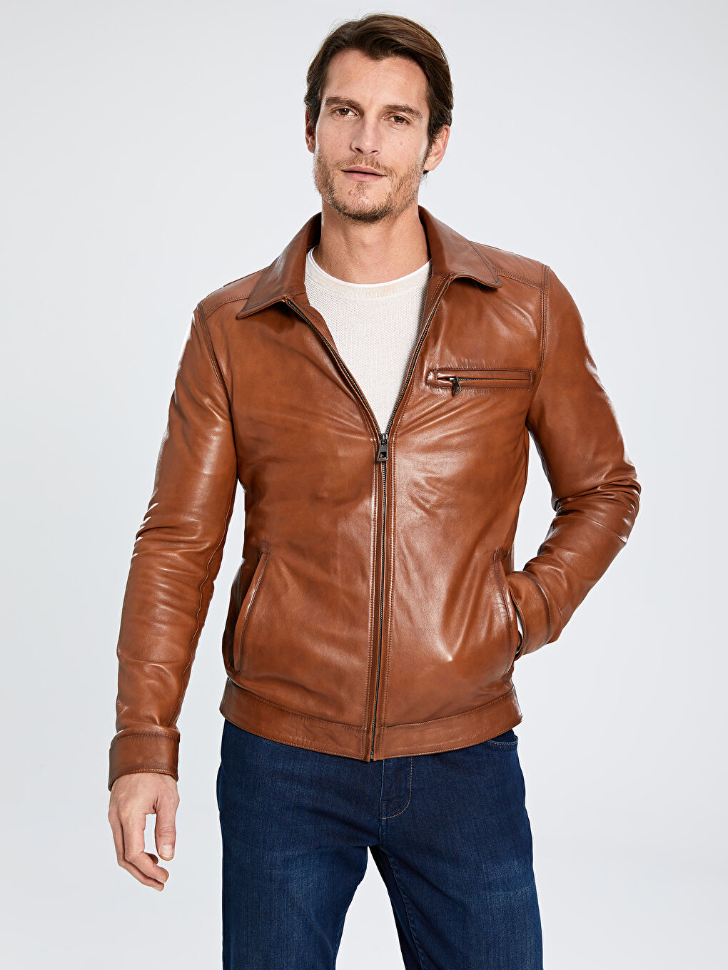 Kahverengi Standart Kalıp Gömlek Yaka Erkek Deri Mont-1