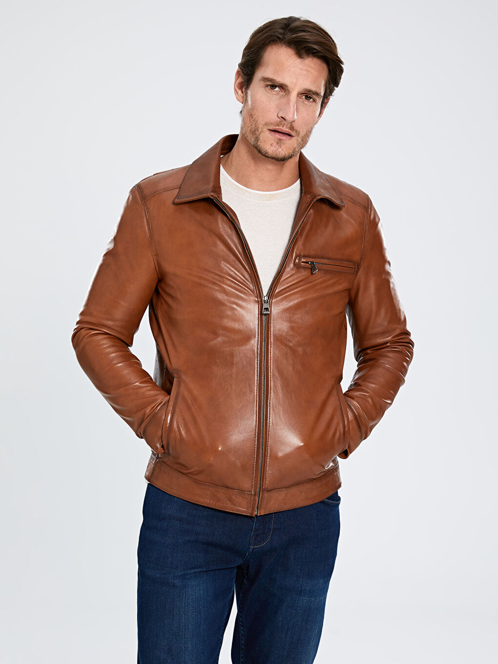 Kahverengi Standart Kalıp Gömlek Yaka Erkek Deri Mont-2