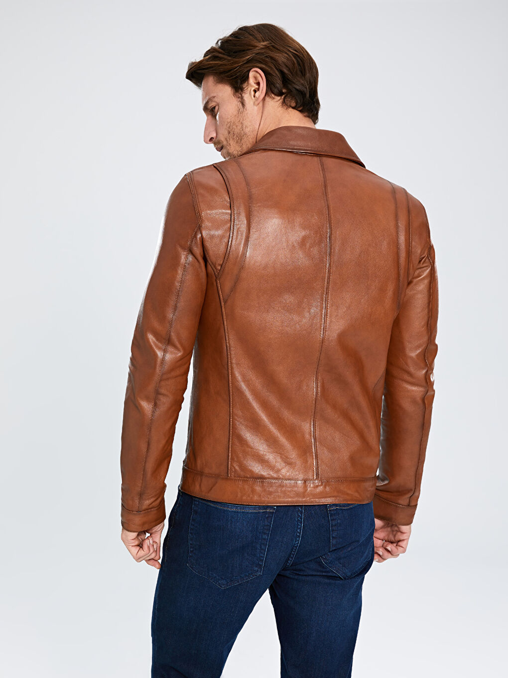 Kahverengi Standart Kalıp Gömlek Yaka Erkek Deri Mont-3