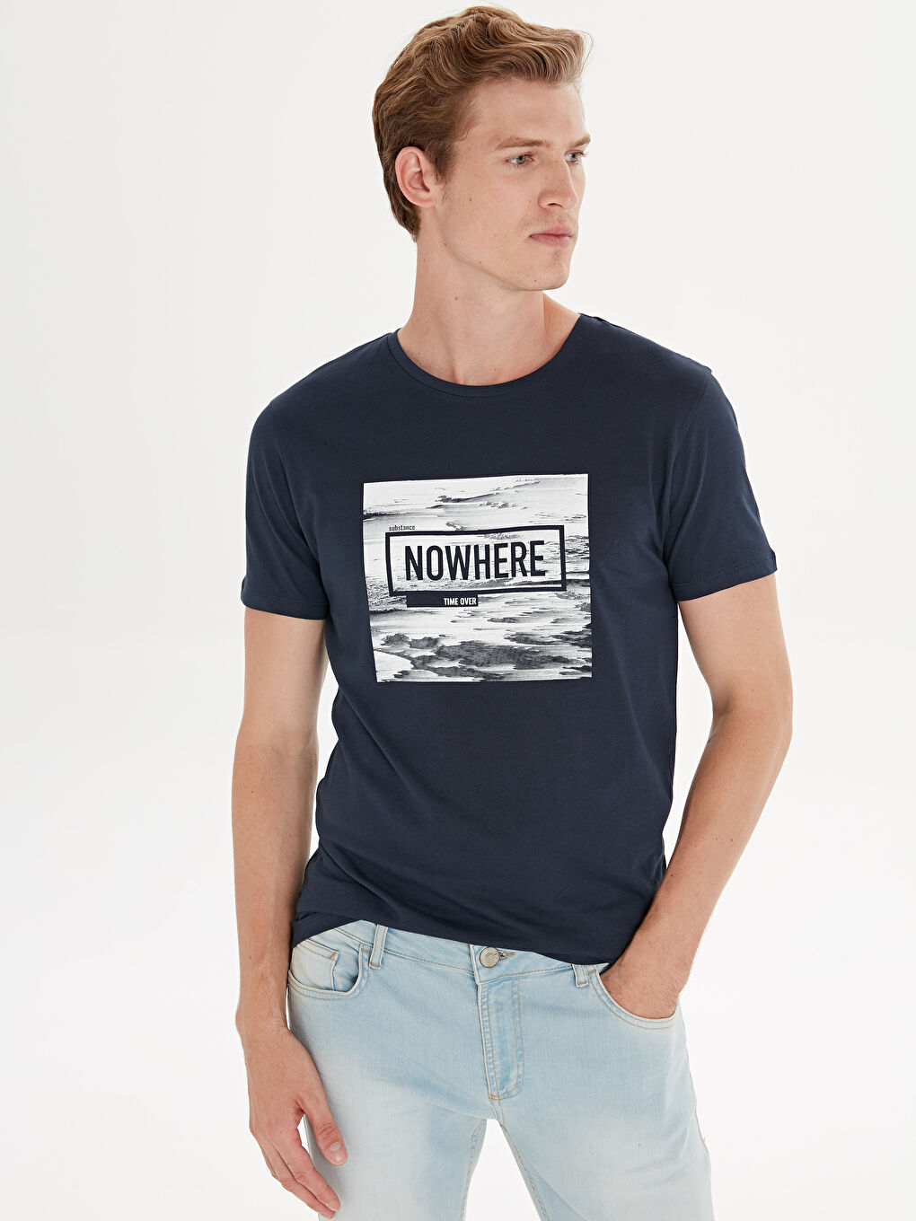 Lacivert Bisiklet Yaka Penye Erkek Tişört